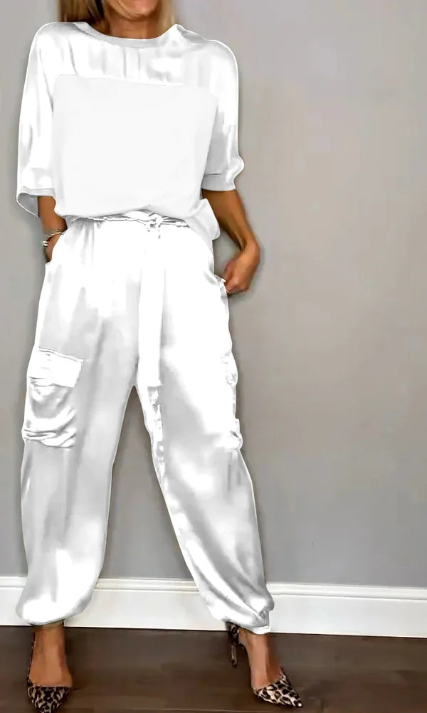 👗Glattes Satin-Halbarm-Top und Hosen-Set💝