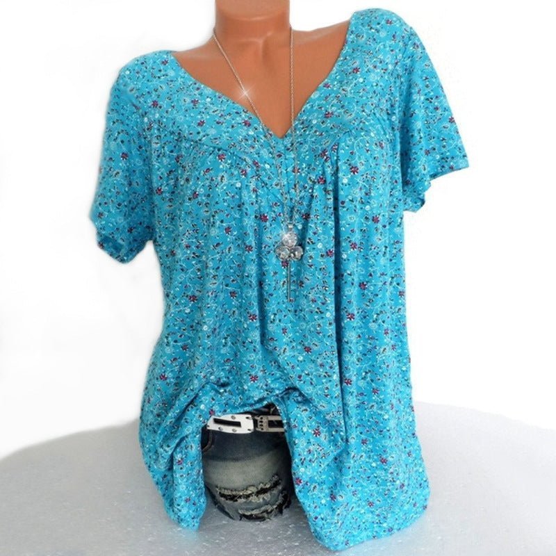 🌞Frühlingserwachen: 50% Rabatt!🌸Damen Kurzarmbluse mit Frühlingsblumenprint: V-Ausschnitt & lockere Passform – Atmungsaktiv, knitterfrei & figurschmeichelnd für Frühling & Sommer