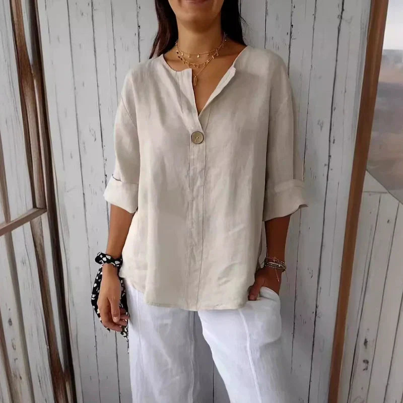 🌞Frühlingserwachen: 50% Rabatt!✨Damen Lockeres Baumwoll-Leinen V-Ausschnitt Shirt – Atmungsaktiv, Schmeichelhaft & Vielseitig