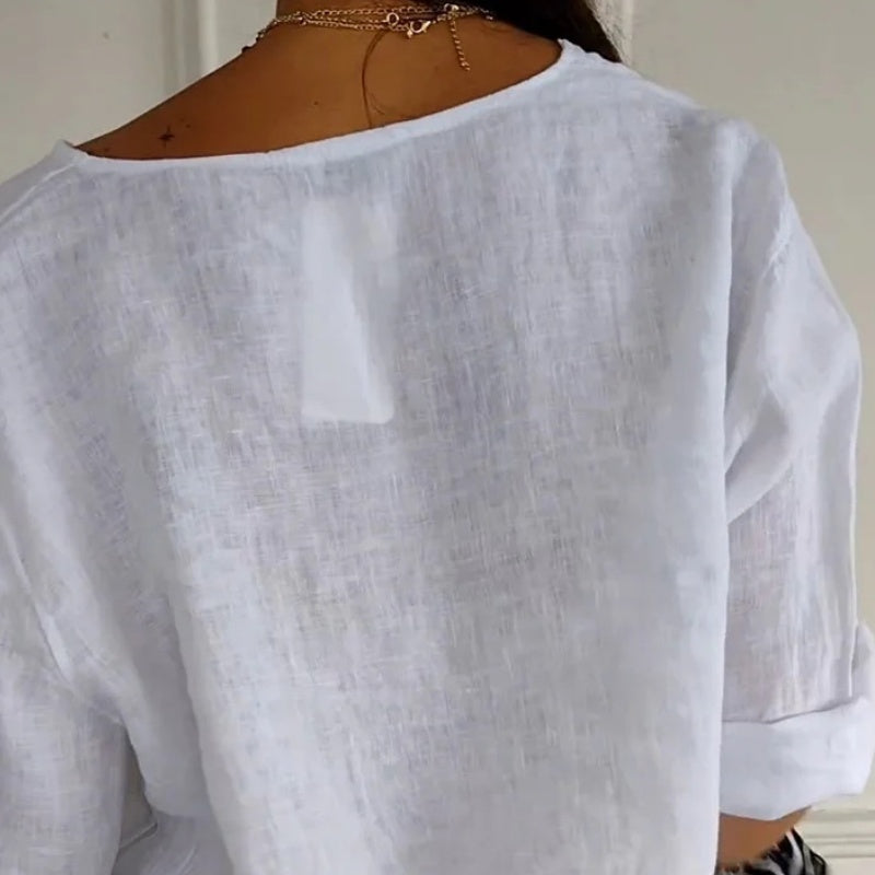 🌞Frühlingserwachen: 50% Rabatt!✨Damen Lockeres Baumwoll-Leinen V-Ausschnitt Shirt – Atmungsaktiv, Schmeichelhaft & Vielseitig
