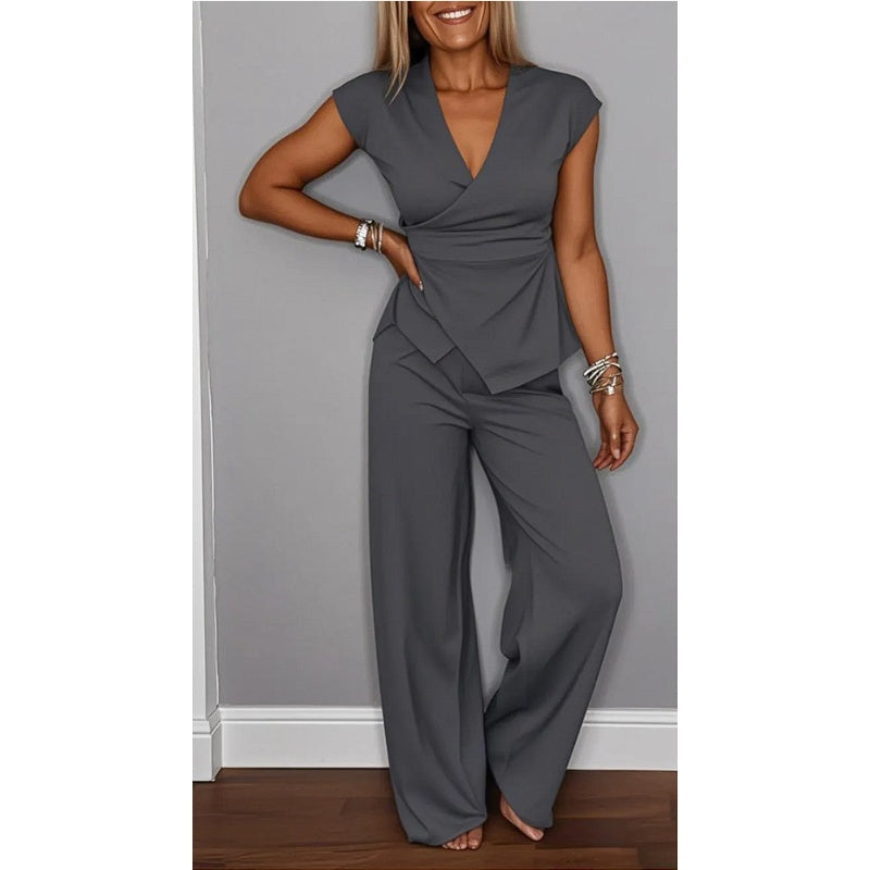 Damen elegantes Set: Oberteil mit V-Ausschnitt und Hose