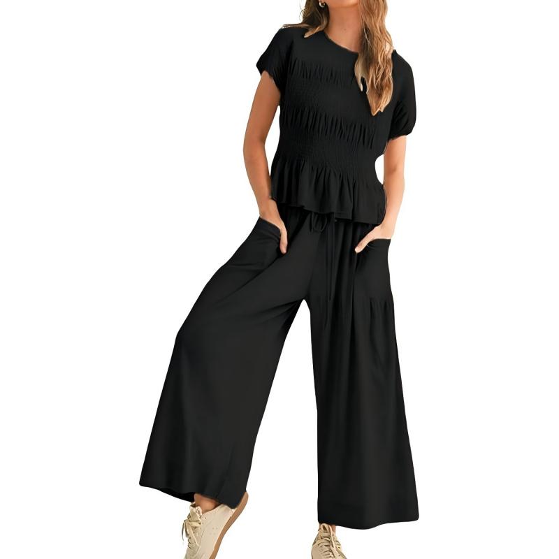 🌞Frühlingserwachen: 50% Rabatt!✨Damen Gesmoktes Zweiteiler Set – Weite Bein Hose & Strukturierte Bluse, Vielseitig für Büro & Alltag