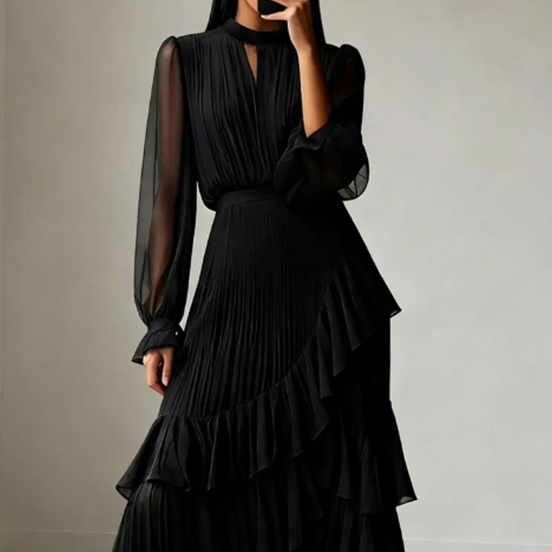 🌞Frühlingserwachen: 50% Rabatt!✨ Damen Plissee-Midikleid mit Volants & Schlüsselloch-Ausschnitt: Transparente Ärmel + taillierte Passform – Elegant für Gala & Abendveranstaltungen