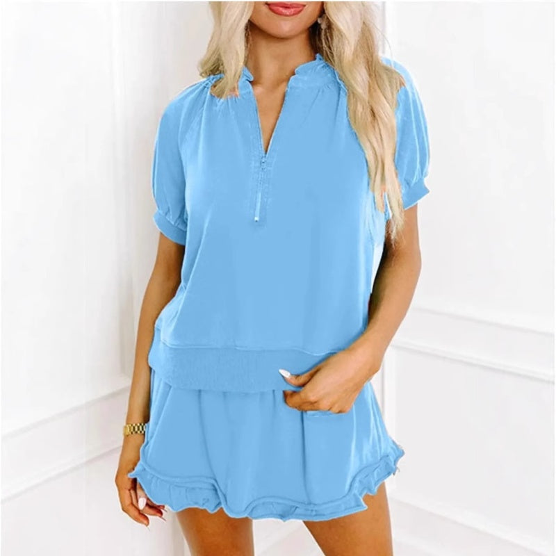 🌞Frühlingserwachen: 50% Rabatt!✨Stylisches 2-teiliges Damen-Set – Reißverschluss-Tee & Rüschensaum-Shorts für jeden Tag!