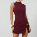 🌞Frühlingserwachen: 50% Rabatt!Elegantes High-Neck Minikleid: Figurbetontes Kleid mit Goldknöpfen & Cut-Out Rücken