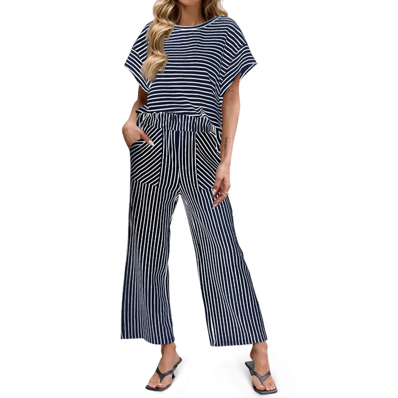 👚 Zweiteiliges Lounge-Set für Damen mit Streifenmuster – tiefe Seitentaschen, bequemer Stretch-Bund. ✨